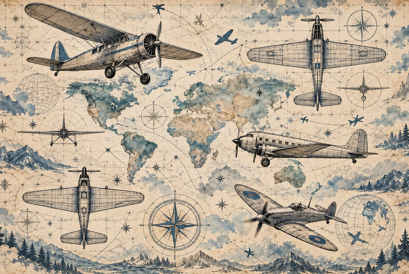 Tapeta Atlas lotnika: samoloty, beż, błękit, grafit