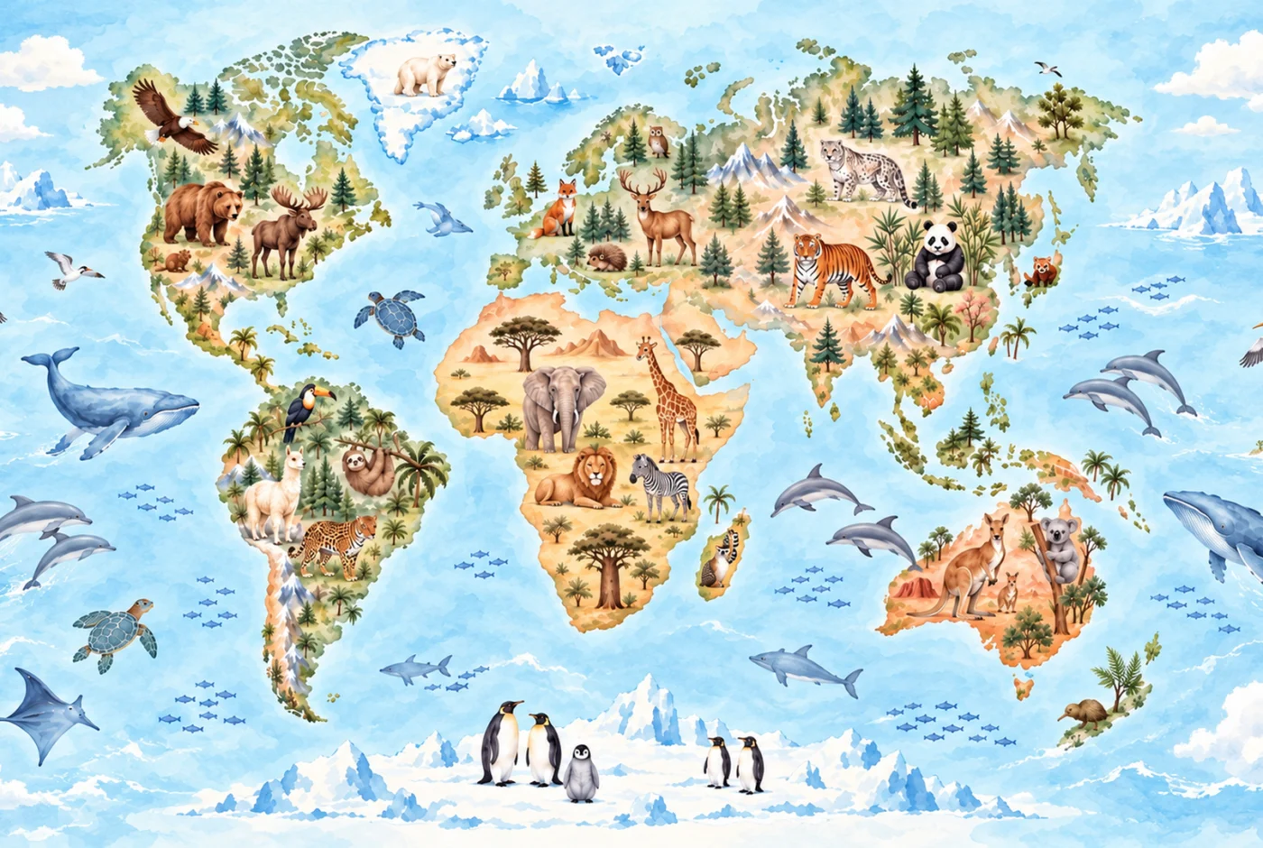 Tapeta Atlas zwierząt: mapa świata, błękit, zieleń, piaskowy, brąz