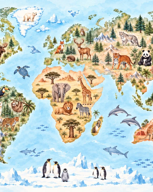 Tapeta Atlas zwierząt: mapa świata, błękit, zieleń, piaskowy, brąz