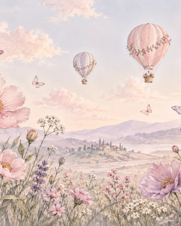Tapeta Balony nad łąką: balony, pudrowy róż, lawenda, krem