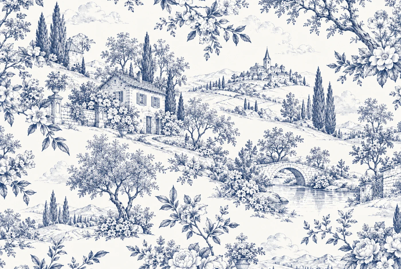 Tapeta Błękitna wieś: toile de jouy, granat, błękit, krem
