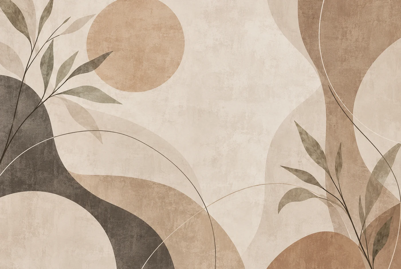 Tapeta Botaniczne słońce: gałązki i koła, beż, brąz, krem, grafit