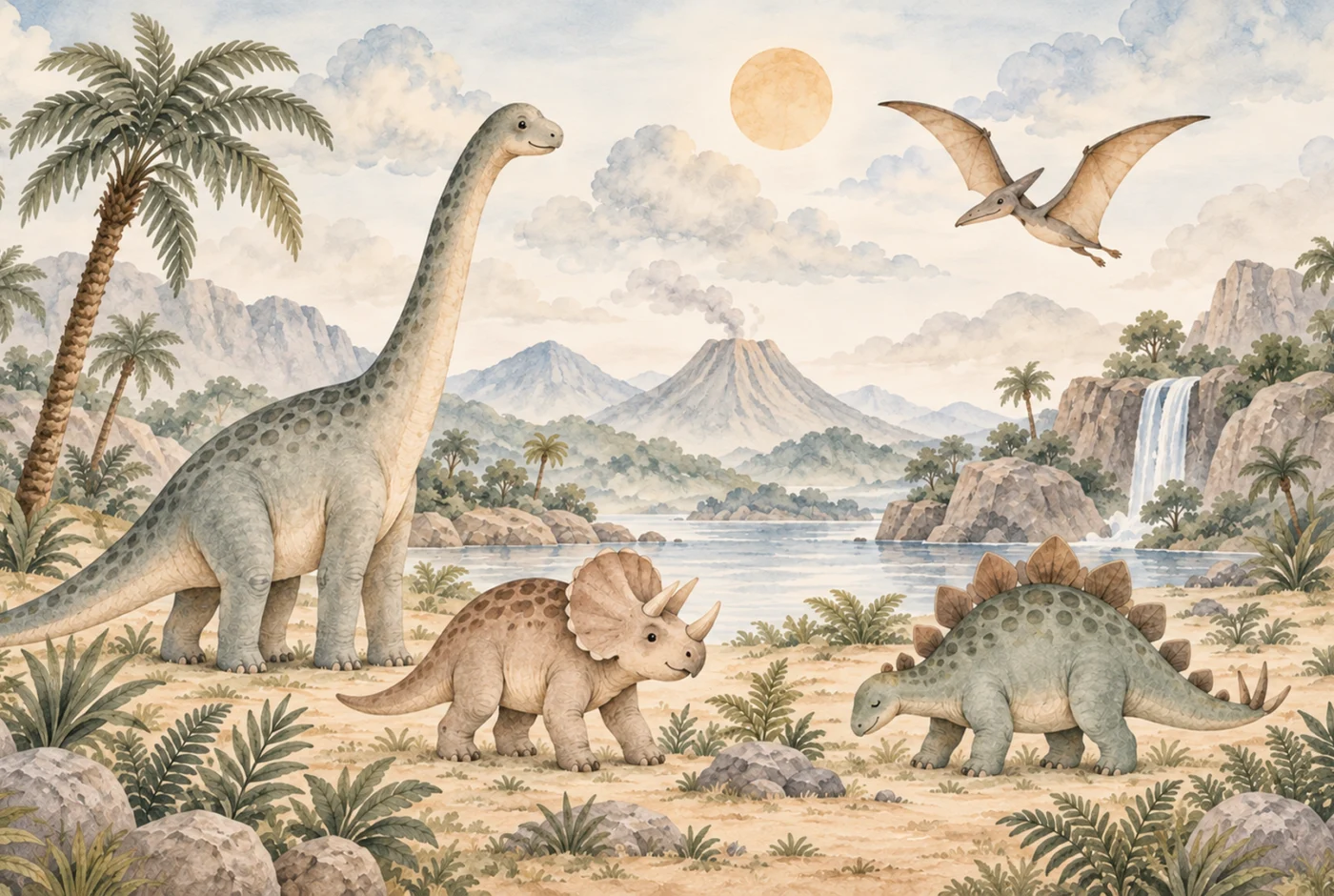 Tapeta Dolina dinozaurów: dinozaury, szałwia, beż, szarość, krem