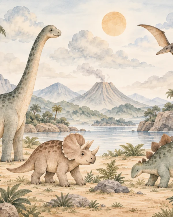 Tapeta Dolina dinozaurów: dinozaury, szałwia, beż, szarość, krem