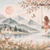 Tapeta Huśtawka nad jeziorem: kraina baśni, róż, szałwia, błękit, krem