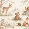Tapeta Leśna gromadka: leśne zwierzęta, beż, szałwia, rudy, krem