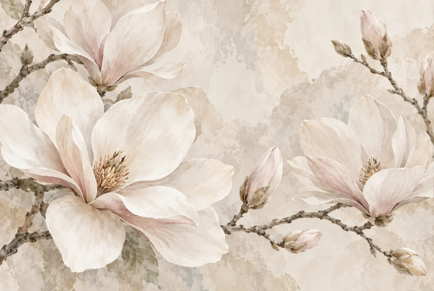 Tapeta Magnolie w świetle: magnolie, krem, beż, pudrowy róż, brąz