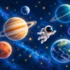 Tapeta Mały astronauta: kosmos, granat, błękit, pomarańcz, zieleń