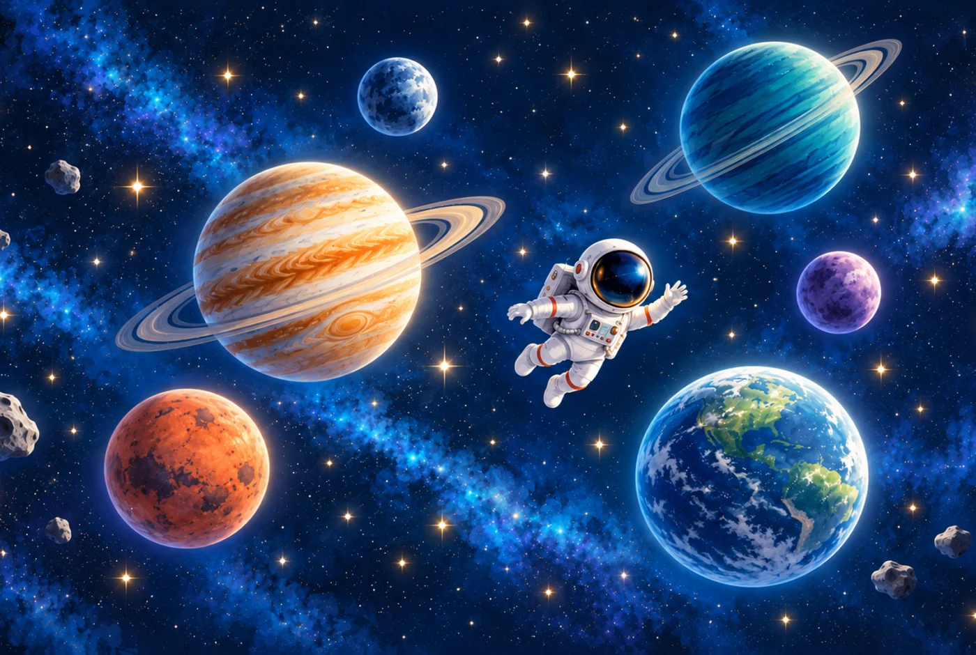Tapeta Mały astronauta: kosmos, granat, błękit, pomarańcz, zieleń