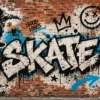 Tapeta Miejski skatepark: graffiti, czerń, turkus, ceglasty, krem