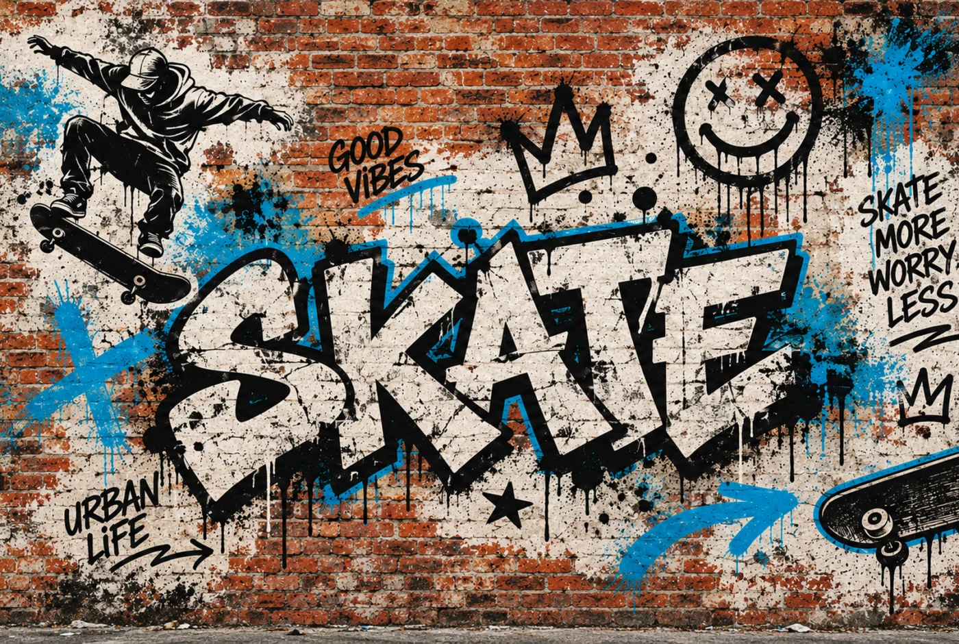 Tapeta Miejski skatepark: graffiti, czerń, turkus, ceglasty, krem