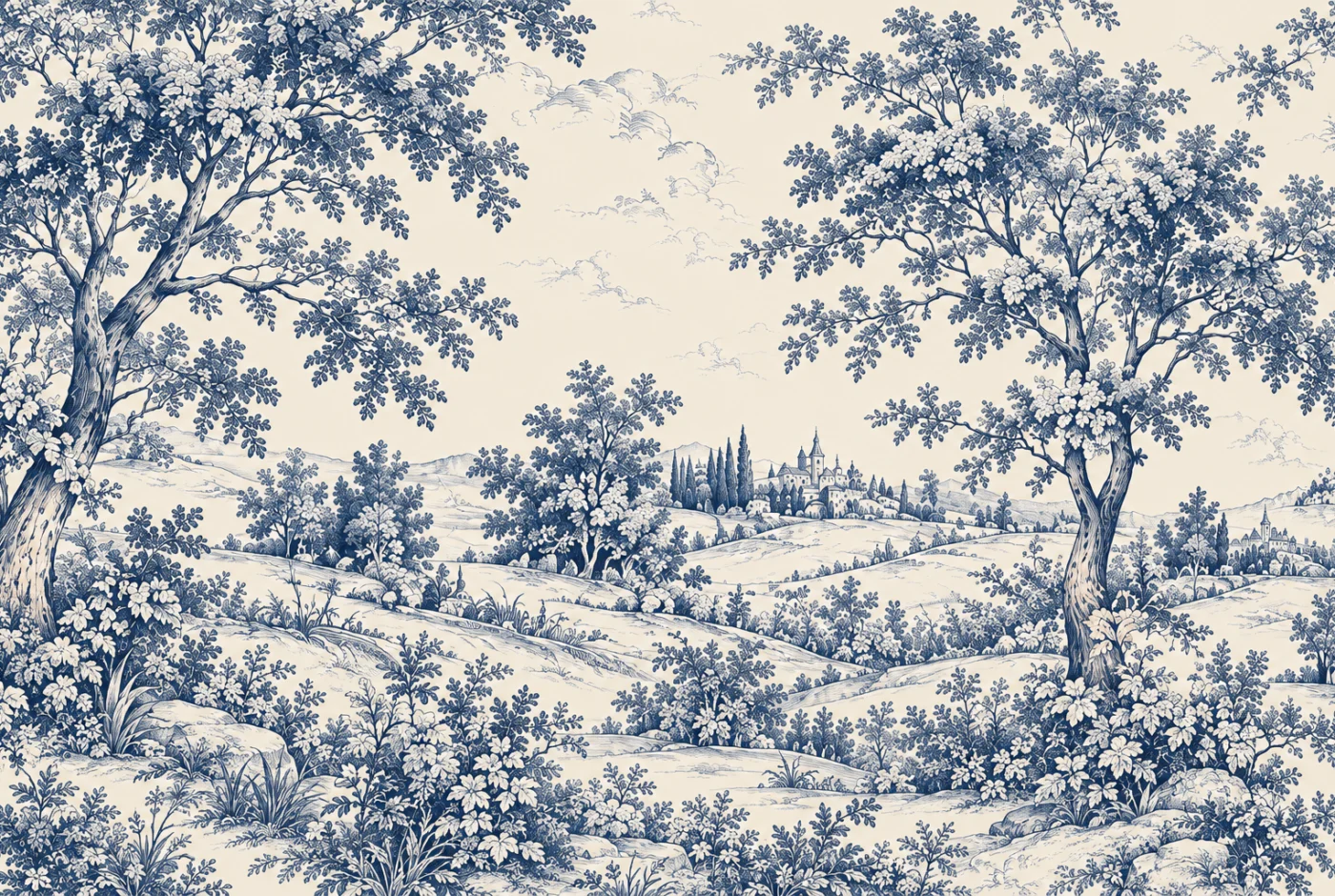 Tapeta Wiejska panorama: toile de jouy, granat, błękit, krem