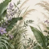 Tapeta Zielona oranżeria: tropikalne liście, zieleń, fiolet, krem, beż